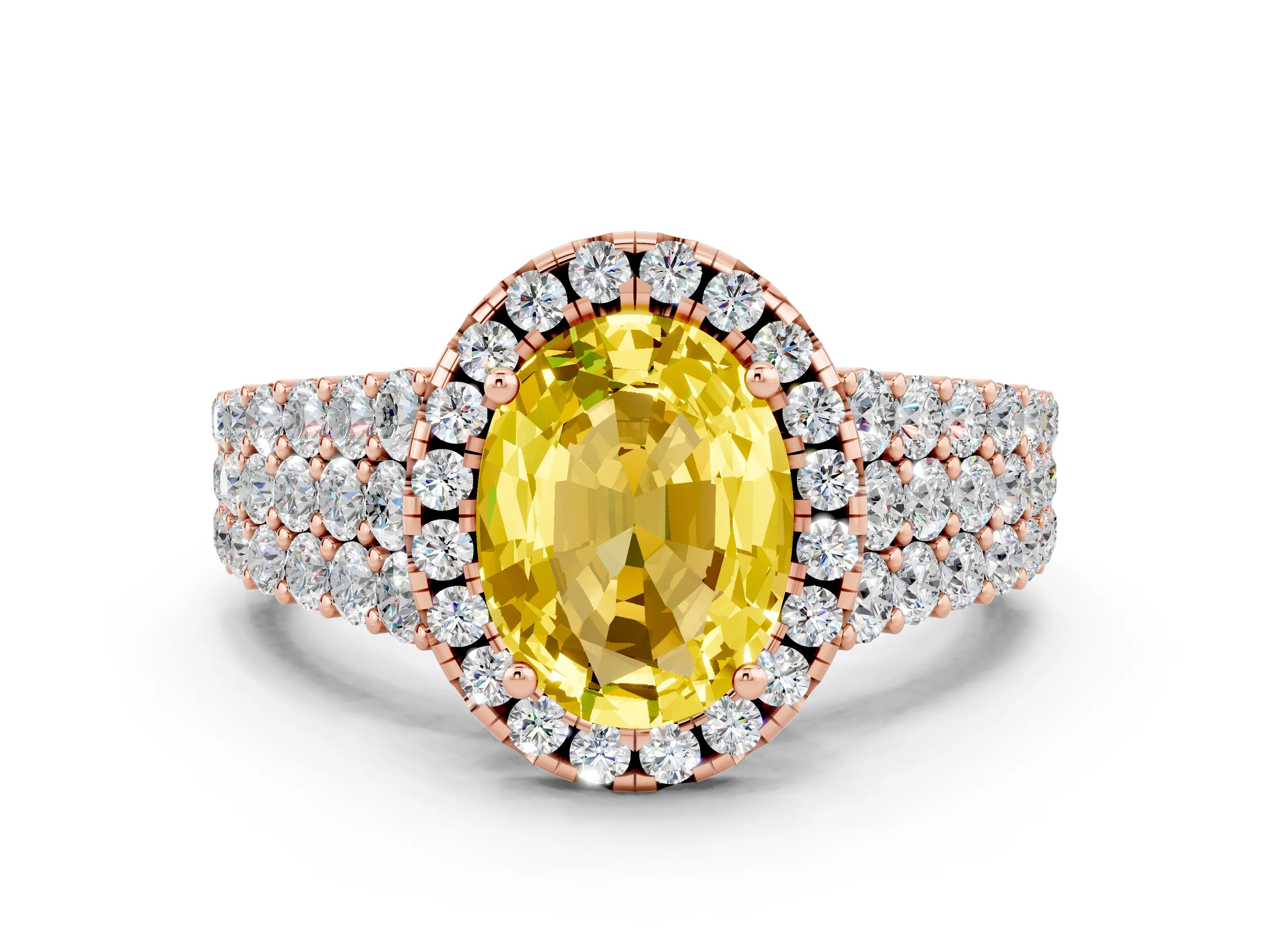 Rose gold Oval Cut Halo Pavé Diamond Engagement Ring with Split Shank and Four-Prong Setting