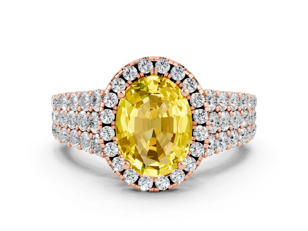 Rose gold Oval Cut Yellow Sapphire Halo Engagement Ring with Triple Row Round Pavé Band and Prong Setting