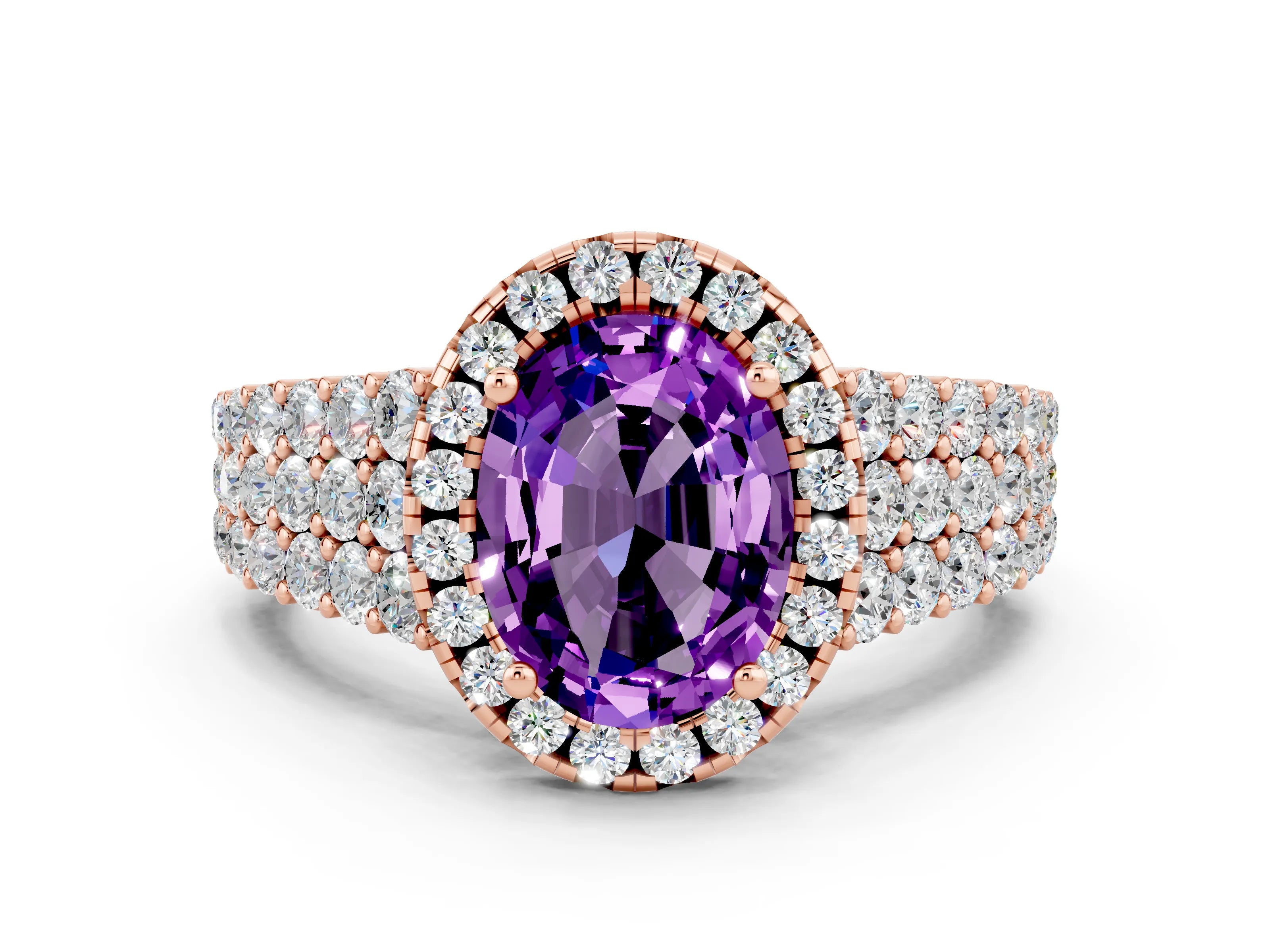 Rose gold Oval Cut Halo Pavé Diamond Engagement Ring with Split Shank and Four-Prong Setting