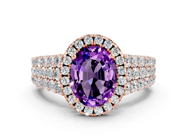 Rose gold Oval Cut Amethyst Halo Engagement Ring with Triple Row Round Pavé Band and Prong Setting