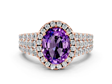 Rose gold Oval Cut Halo Pavé Diamond Engagement Ring with Split Shank and Four-Prong Setting