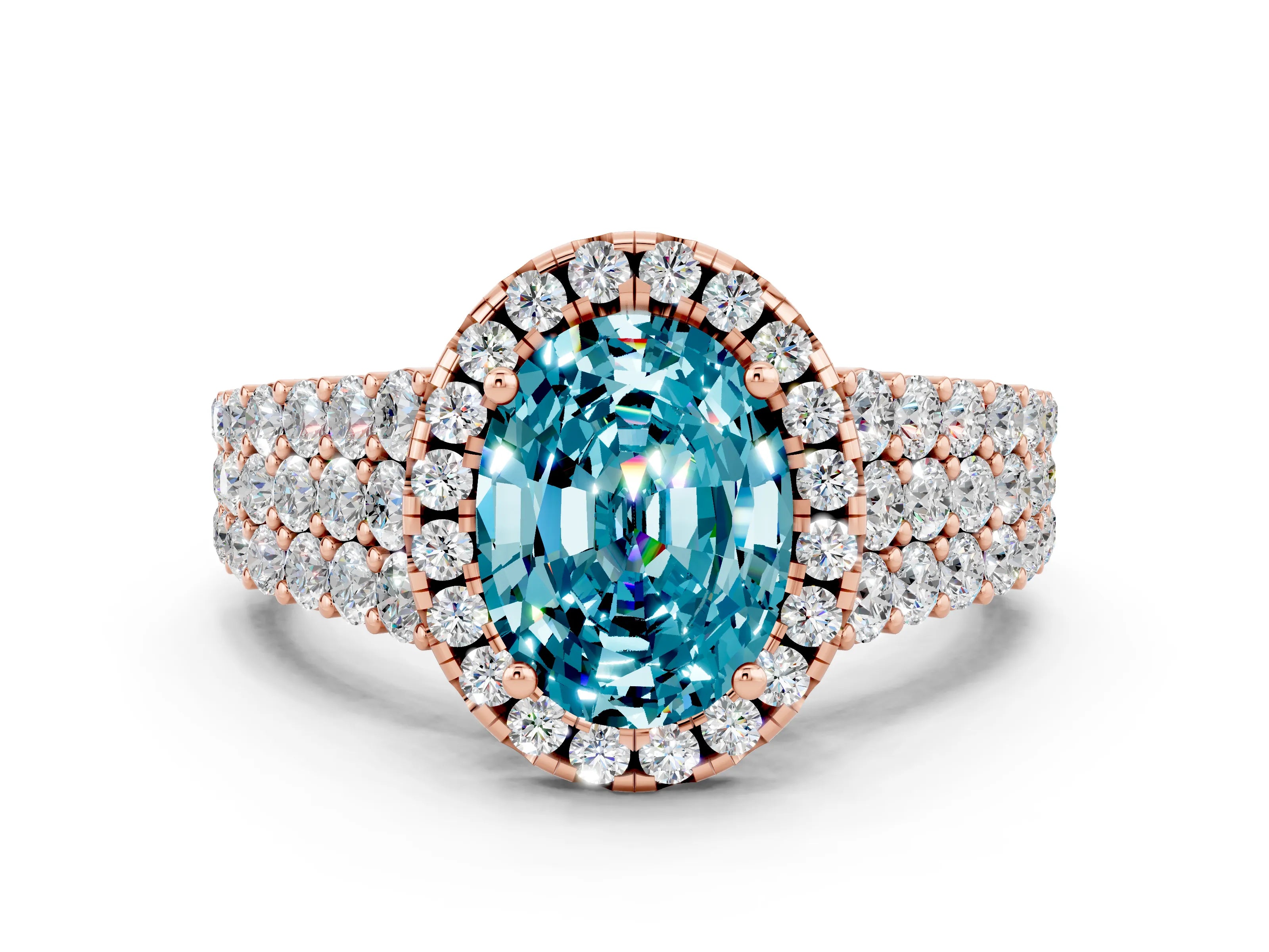Rose gold Oval Cut Halo Pavé Diamond Engagement Ring with Split Shank and Four-Prong Setting