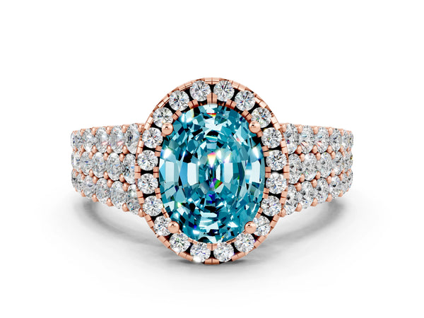 Rose gold Oval Cut Halo Pavé Diamond Engagement Ring with Split Shank and Four-Prong Setting