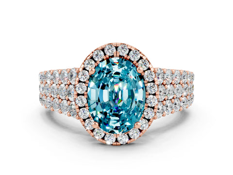 Rose gold Oval Cut Halo Pavé Diamond Engagement Ring with Split Shank and Four-Prong Setting