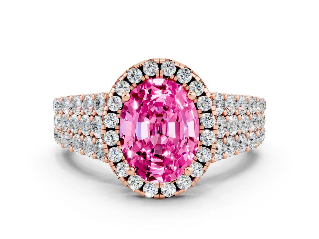 Rose gold Oval Cut Halo Pavé Diamond Engagement Ring with Split Shank and Four-Prong Setting
