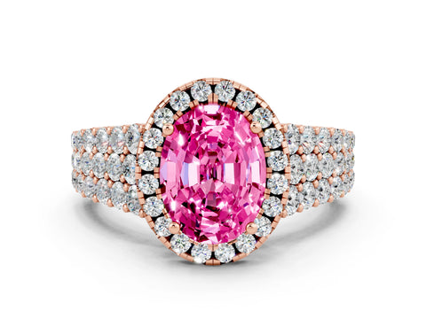 Rose gold Oval Cut Halo Pavé Diamond Engagement Ring with Split Shank and Four-Prong Setting