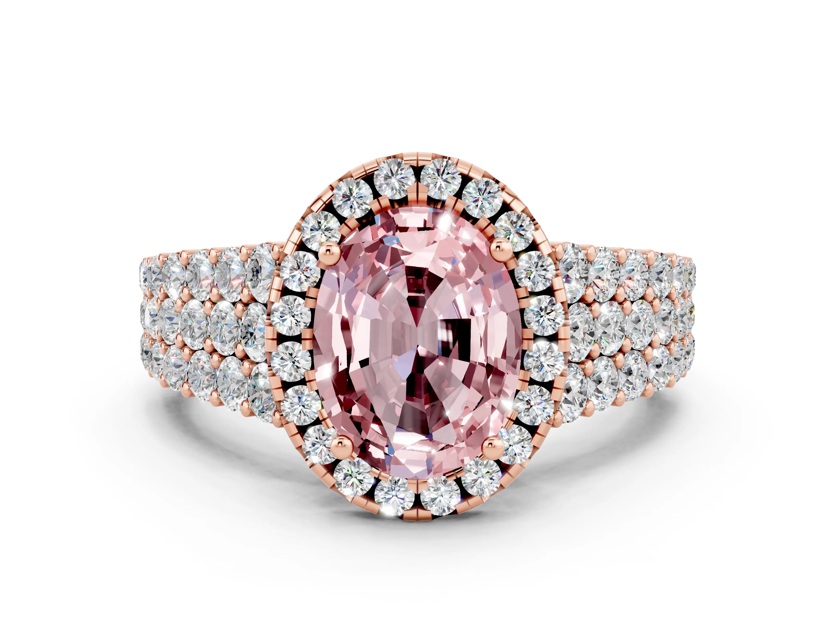Rose gold Oval Cut Halo Pavé Diamond Engagement Ring with Split Shank and Four-Prong Setting
