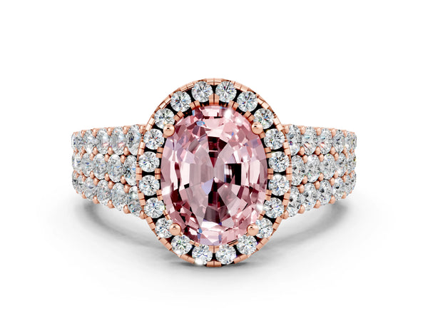 Rose gold Oval Cut Halo Pavé Diamond Engagement Ring with Split Shank and Four-Prong Setting