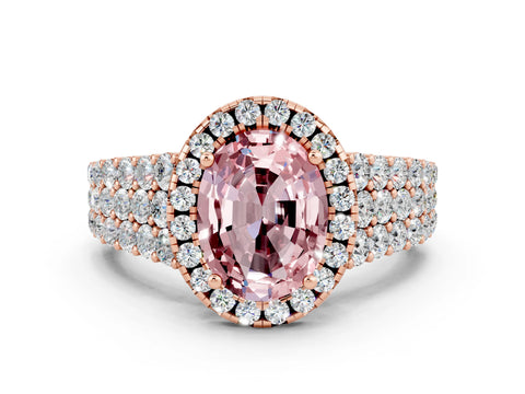 Rose gold Oval Cut Halo Pavé Diamond Engagement Ring with Split Shank and Four-Prong Setting
