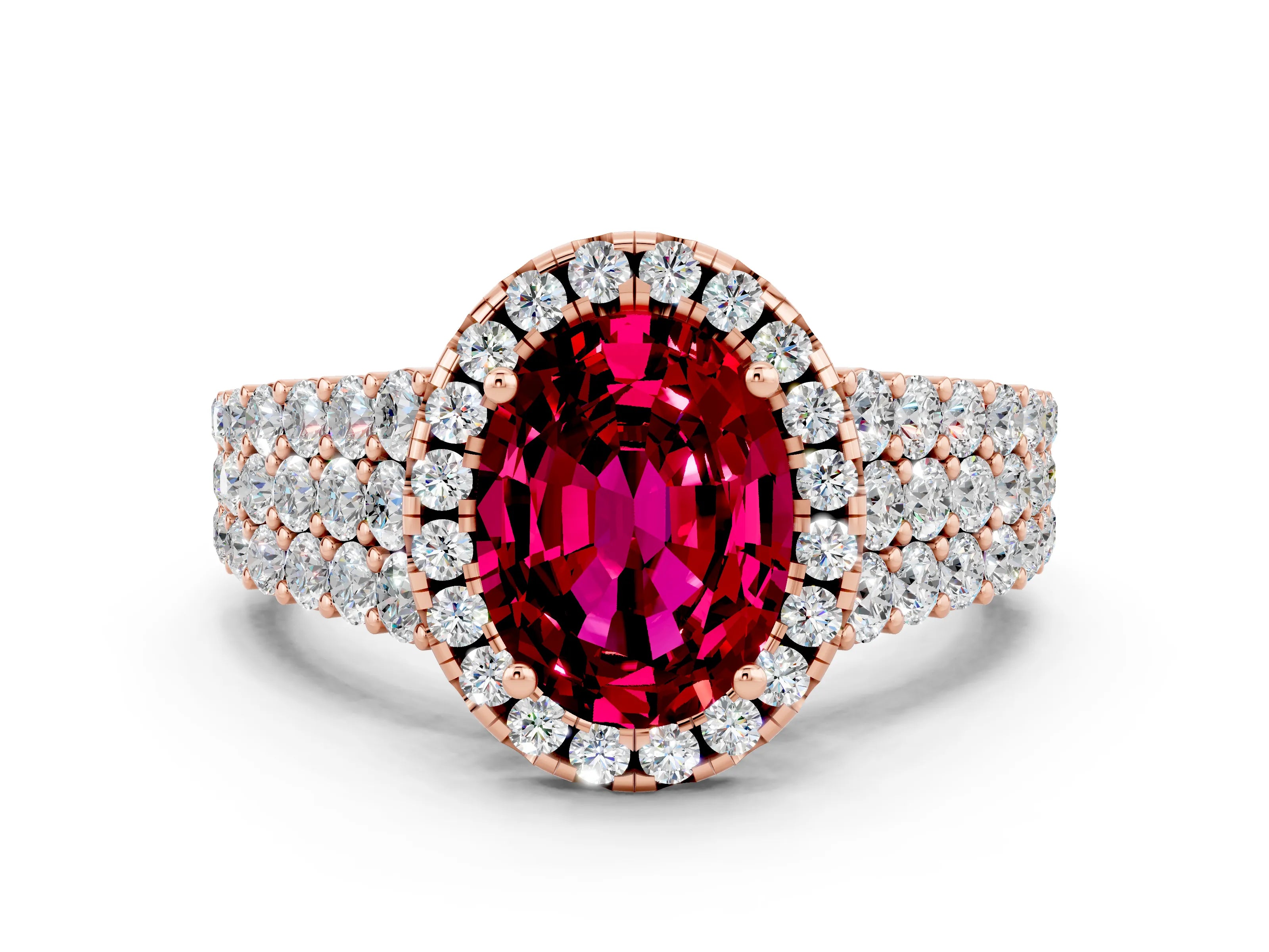 Rose gold Oval Cut Halo Pavé Diamond Engagement Ring with Split Shank and Four-Prong Setting