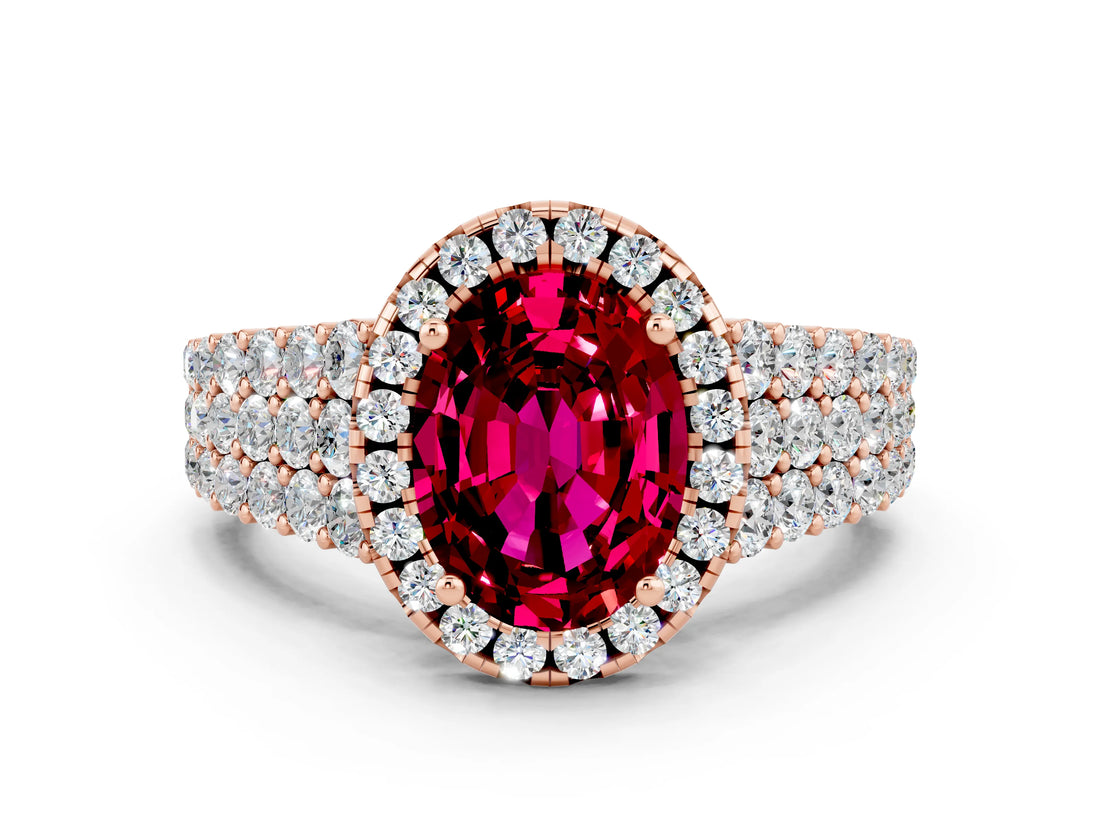 Rose gold Oval Cut Halo Pavé Diamond Engagement Ring with Split Shank and Four-Prong Setting
