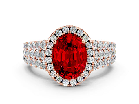 Rose gold Oval Cut Halo Pavé Diamond Engagement Ring with Split Shank and Four-Prong Setting