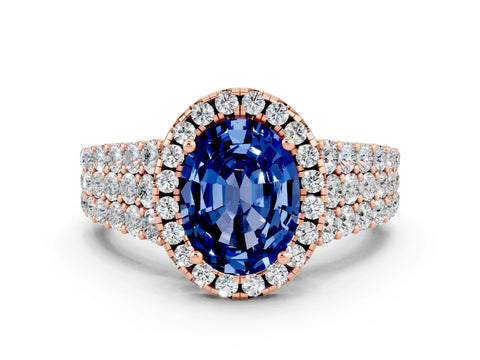 Rose gold Oval Cut Halo Pavé Diamond Engagement Ring with Split Shank and Four-Prong Setting