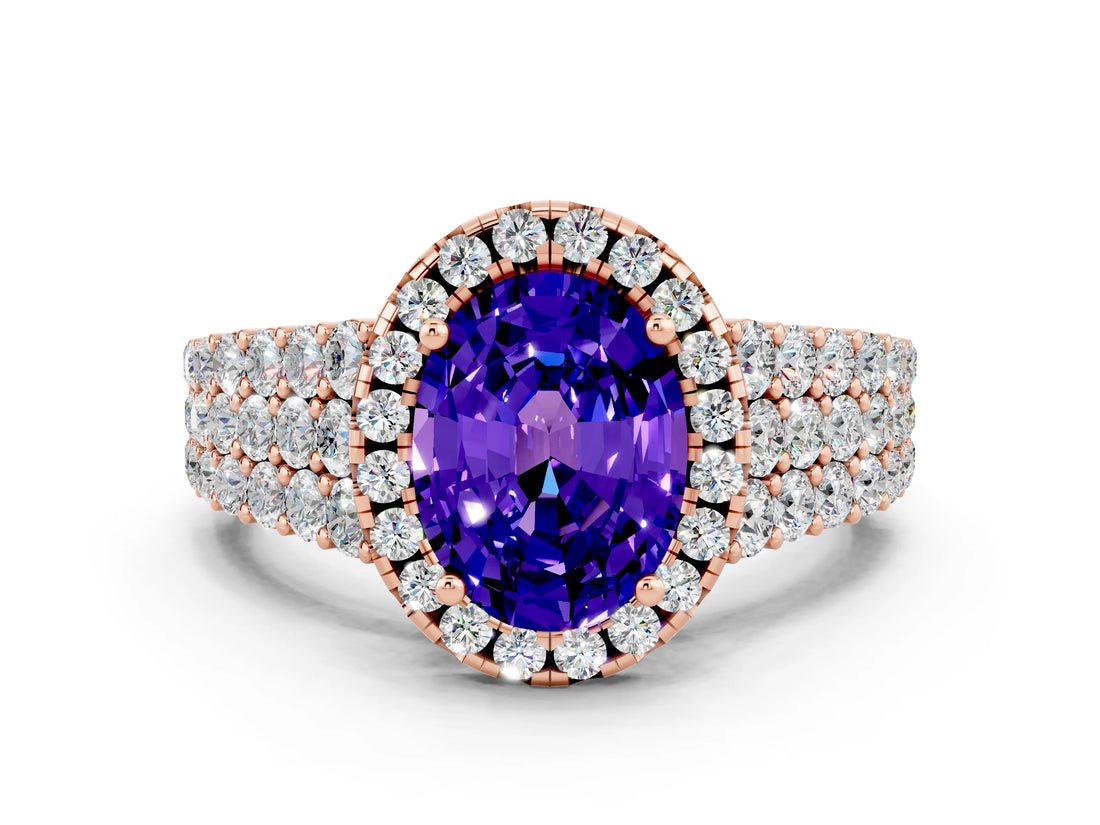 Rose gold Oval Cut Halo Pavé Diamond Engagement Ring with Split Shank and Four-Prong Setting