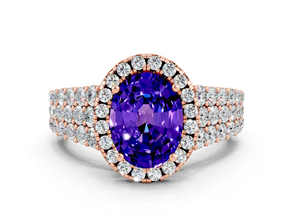 Rose gold Oval Cut Tanzanite Halo Engagement Ring with Triple Row Round Pavé Band and Prong Setting