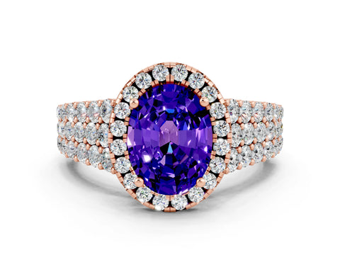Rose gold Oval Cut Halo Pavé Diamond Engagement Ring with Split Shank and Four-Prong Setting