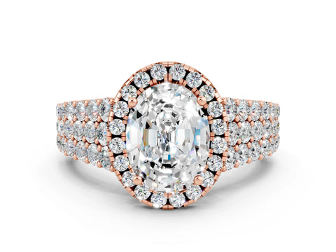 Rose gold Oval Cut Halo Pavé Diamond Engagement Ring with Split Shank and Four-Prong Setting