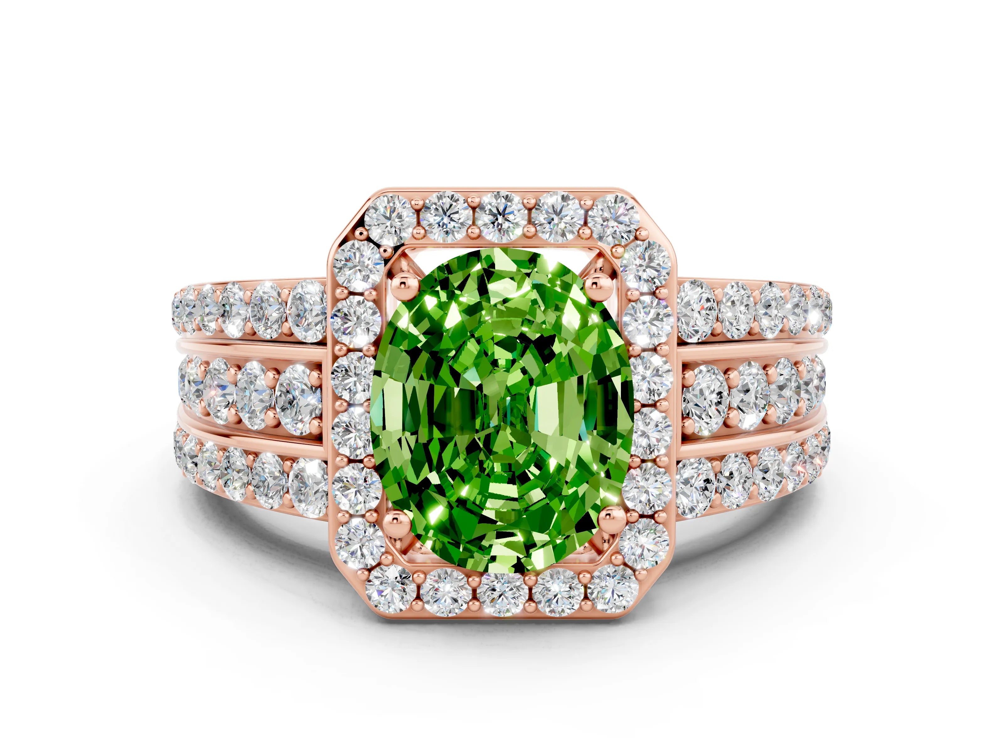 Rose gold Oval Cut Halo Peridot Ring with Split Shank and Four-Prong Setting