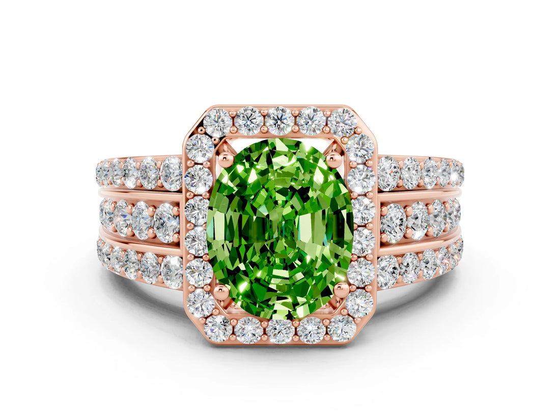 Rose gold Oval Cut Halo Peridot Ring with Split Shank and Four-Prong Setting