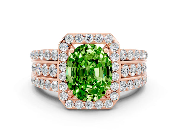 Rose gold Oval Cut Halo Peridot Ring with Round  Split Shank and Prong Setting