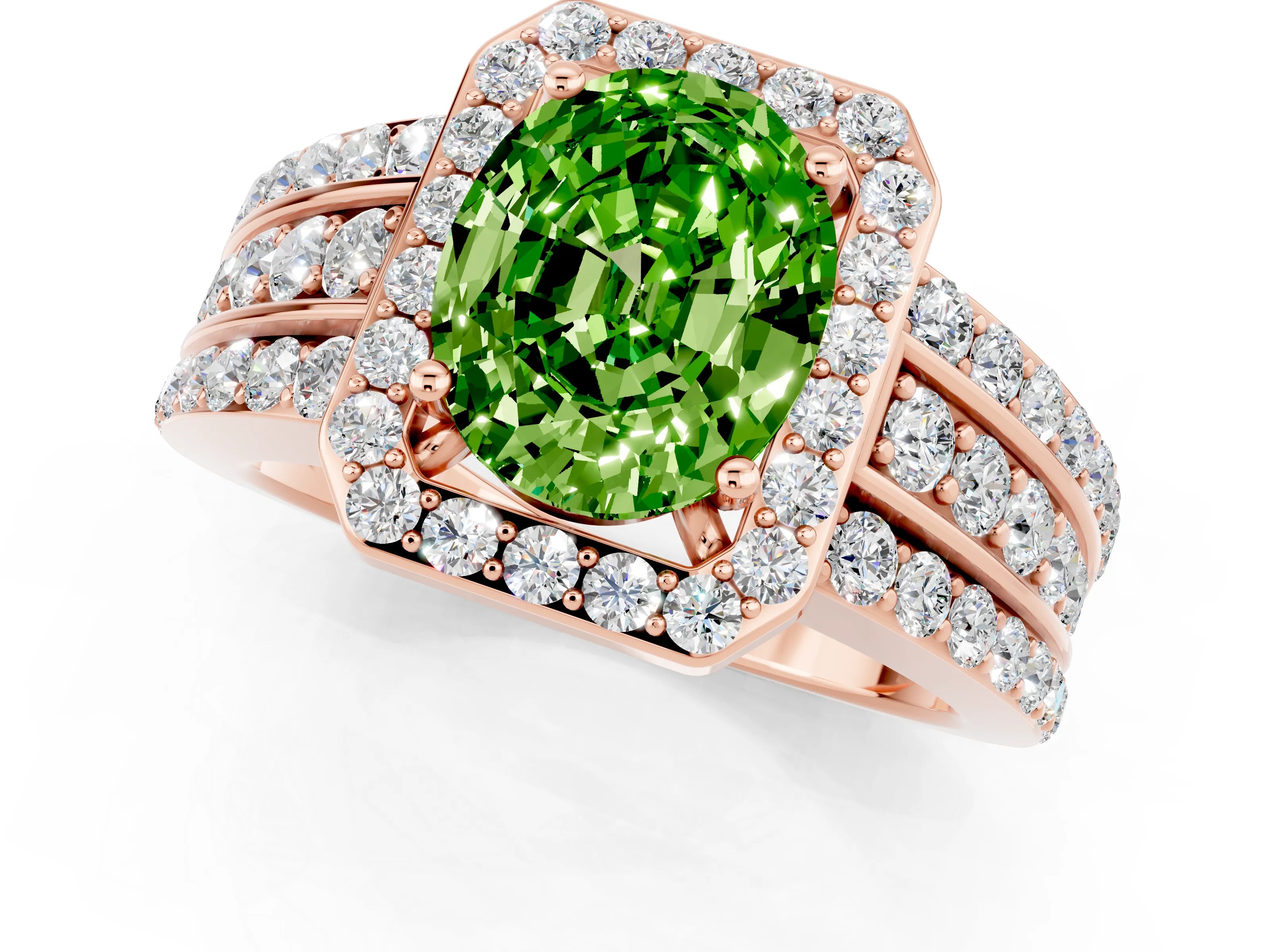 Rose gold Oval Cut Halo Peridot Ring with Split Shank and Four-Prong Setting_1