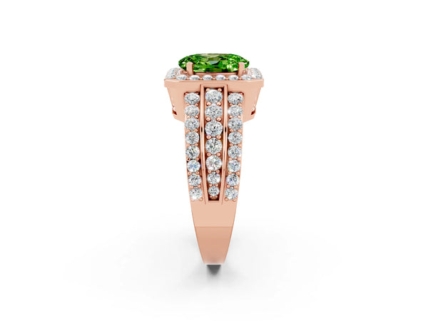 Rose gold Oval Cut Halo Peridot Ring with Round  Split Shank and Prong Setting