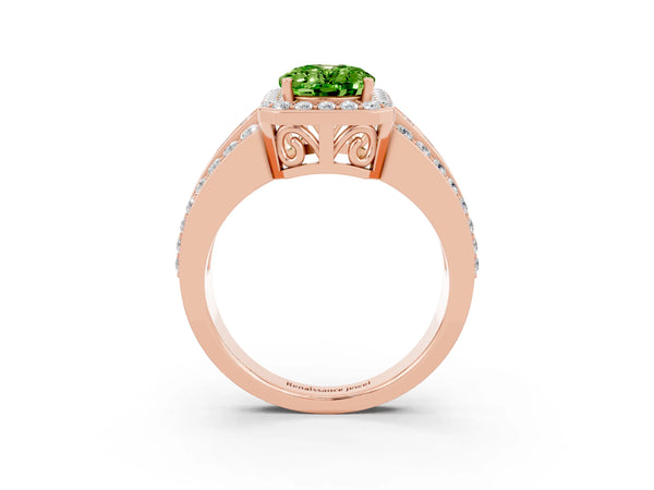 Rose gold Oval Cut Halo Peridot Ring with Round  Split Shank and Prong Setting
