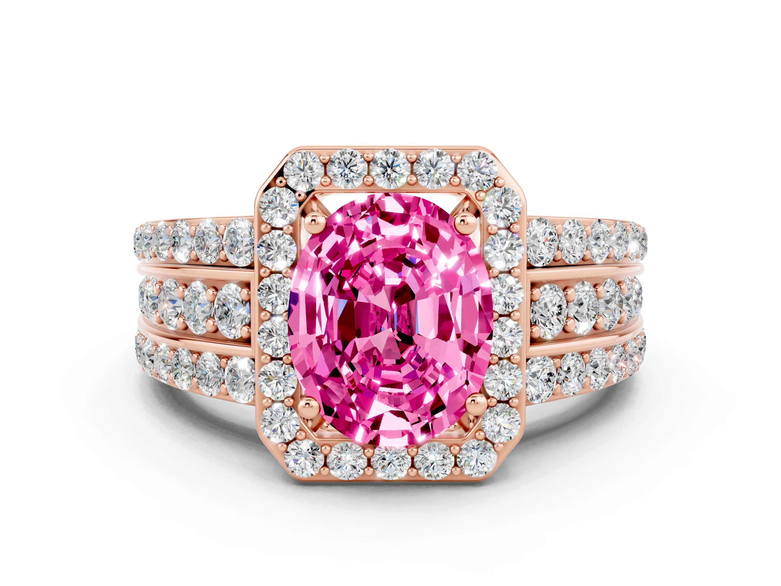 Rose gold Oval Cut Halo Pink Sapphire Ring with Split Shank and Four-Prong Setting_24
