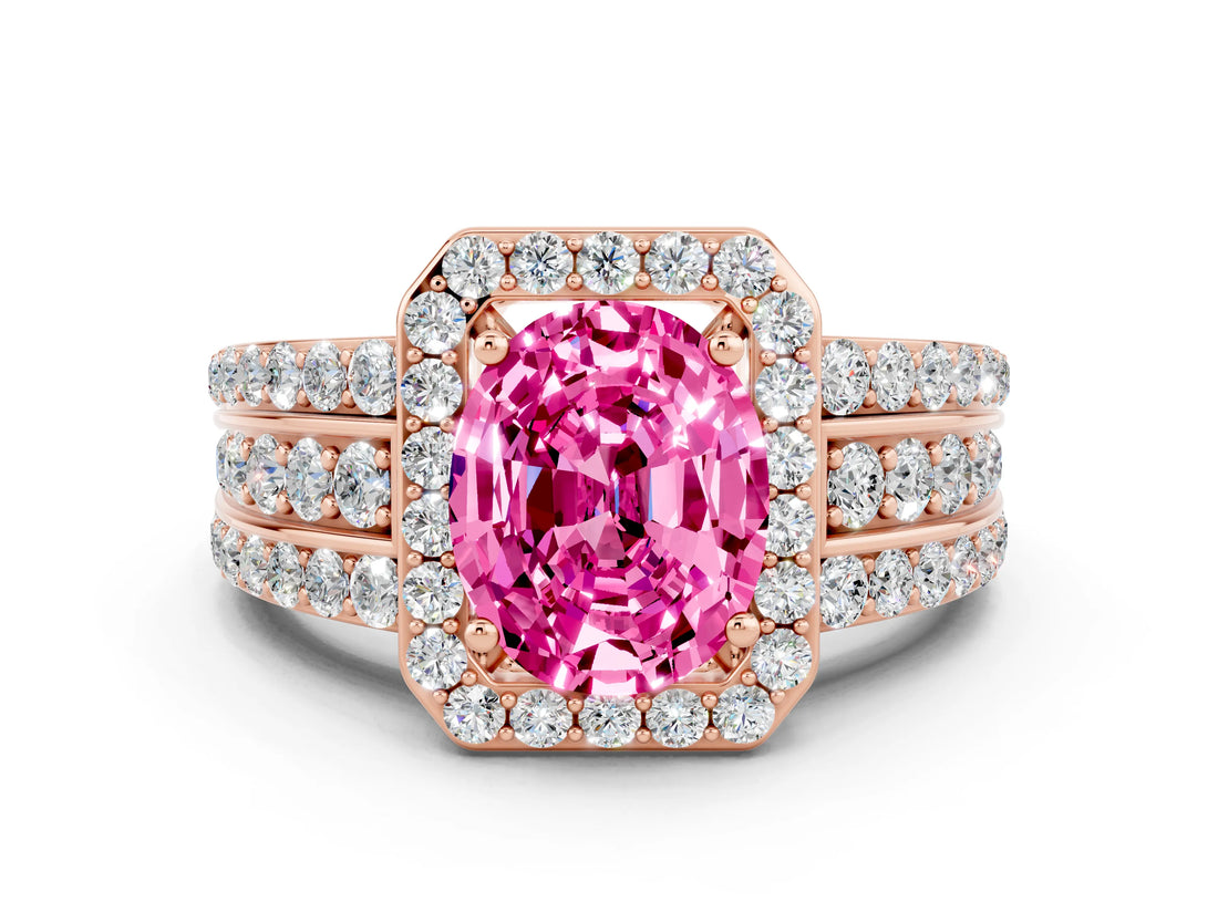 Rose gold Oval Cut Halo Pink Sapphire Ring with Split Shank and Four-Prong Setting_24