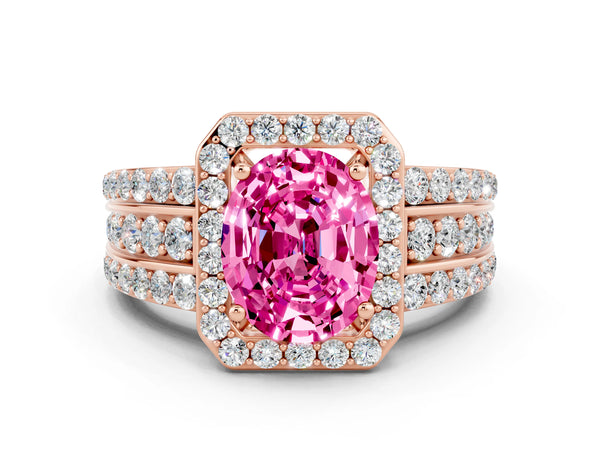 Rose gold Oval Cut Halo Pink Sapphire Ring with Round  Split Shank and Prong Setting