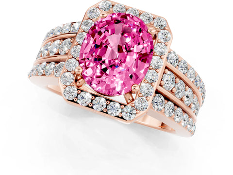 Rose gold Oval Cut Halo Pink Sapphire Ring with Split Shank and Four-Prong Setting_25