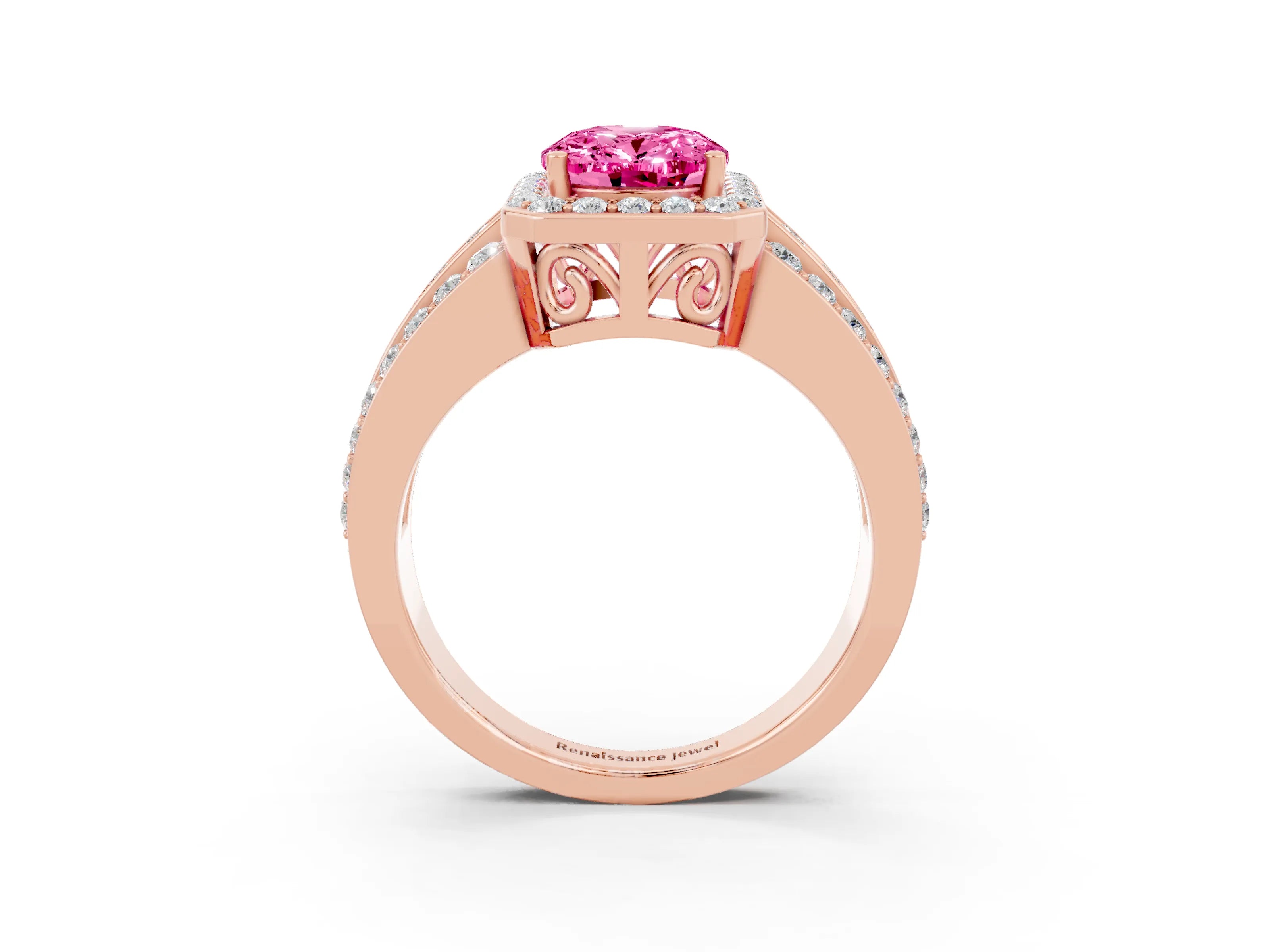 Rose gold Oval Cut Halo Pink Sapphire Ring with Split Shank and Four-Prong Setting_27