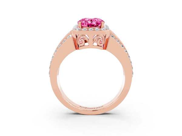Rose gold Oval Cut Halo Pink Sapphire Ring with Round  Split Shank and Prong Setting