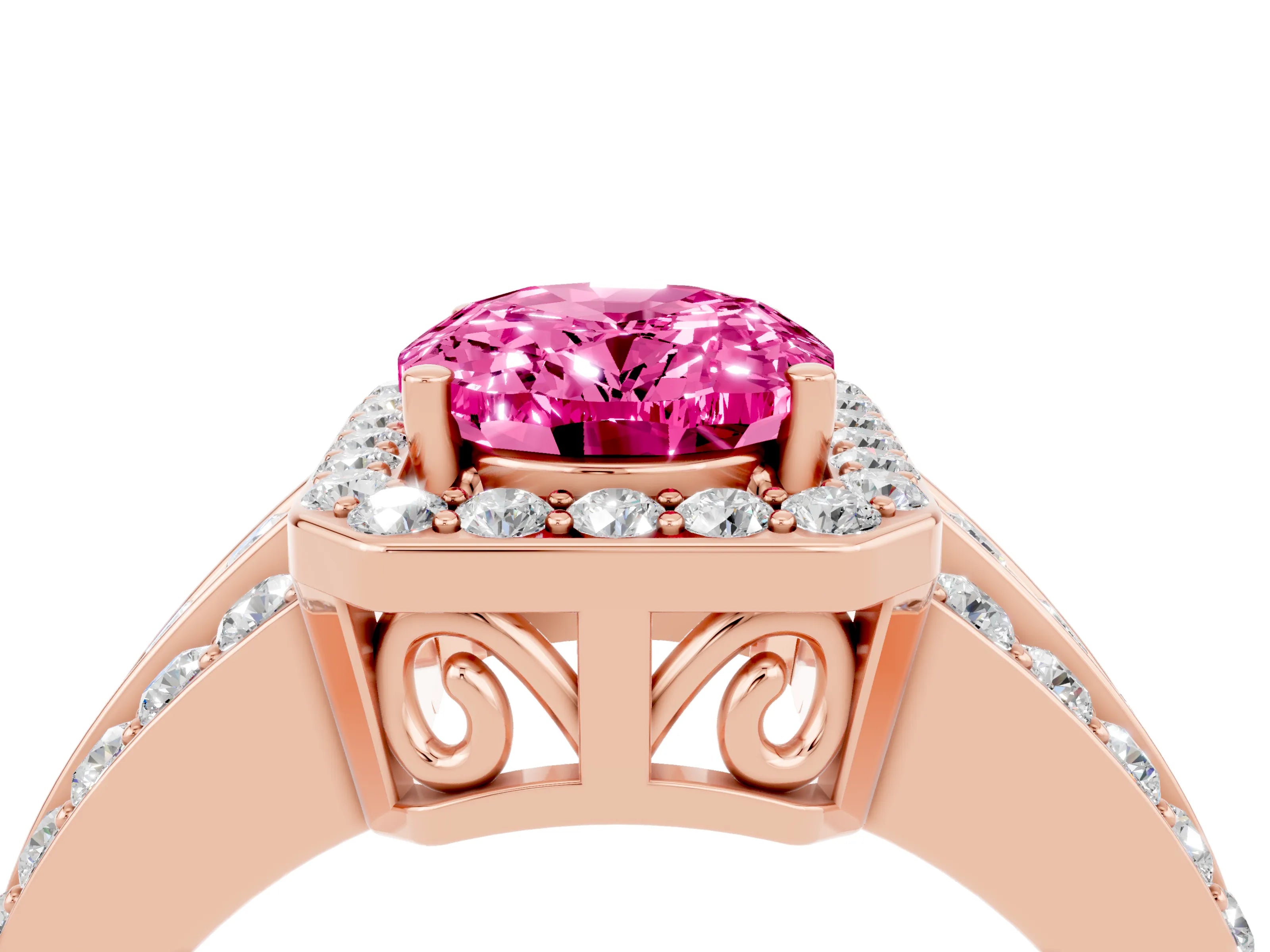 Rose gold Oval Cut Halo Pink Sapphire Ring with Split Shank and Four-Prong Setting_28