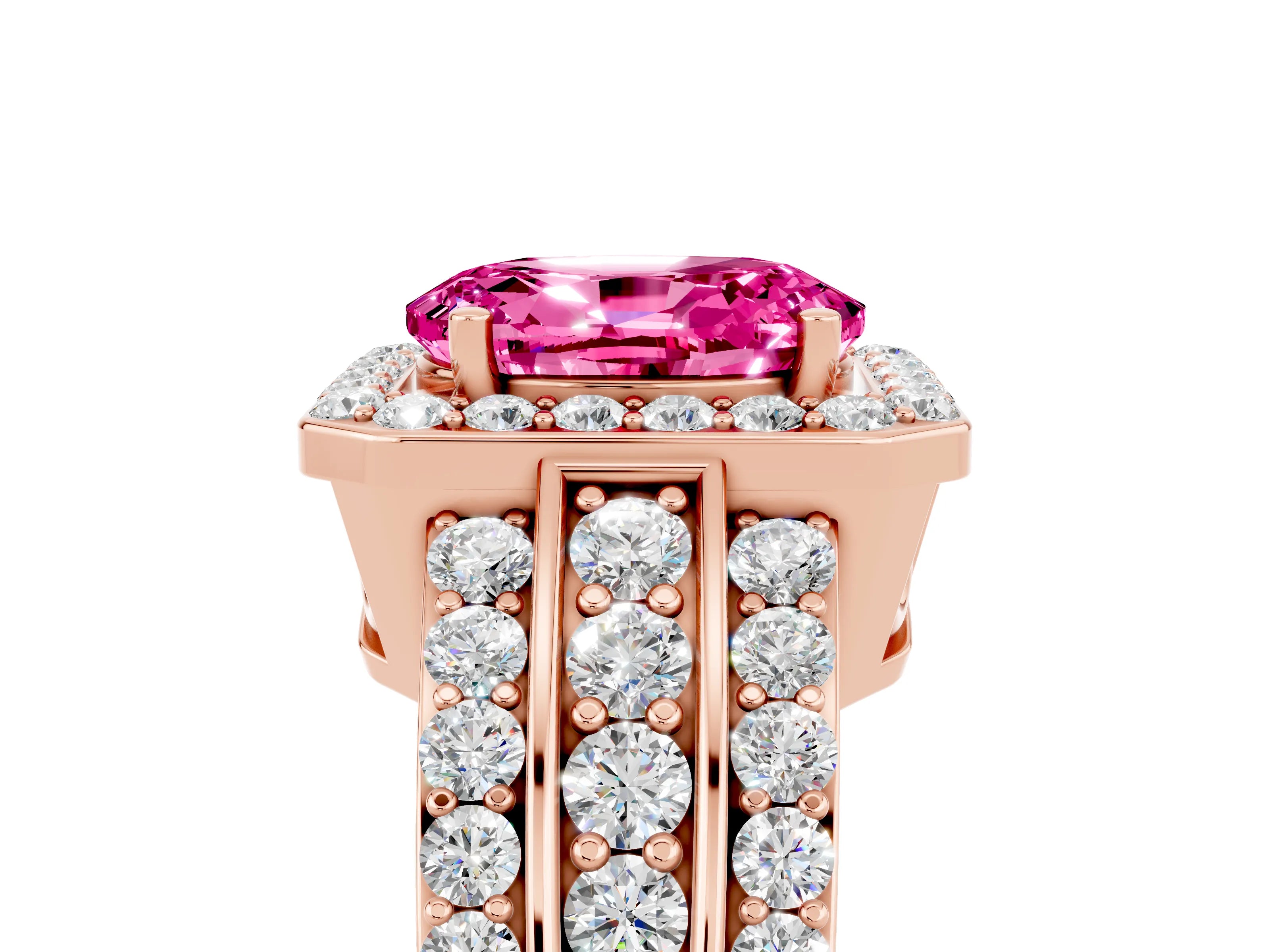 Rose gold Oval Cut Halo Pink Sapphire Ring with Split Shank and Four-Prong Setting_29