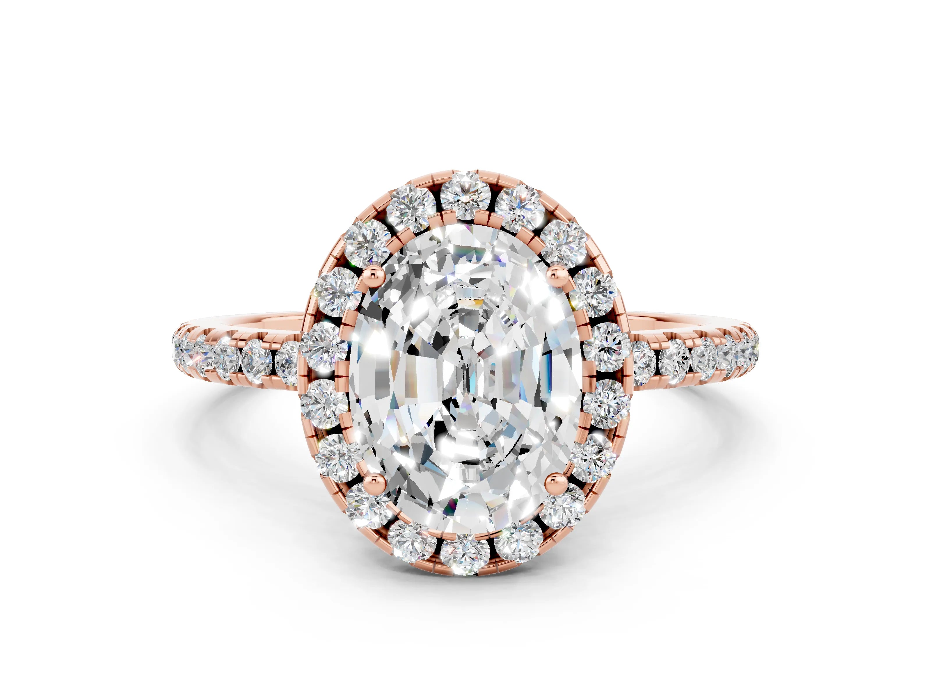 Rose gold Oval Cut Halo Round Diamond Pavé Band Four-Prong Ring
