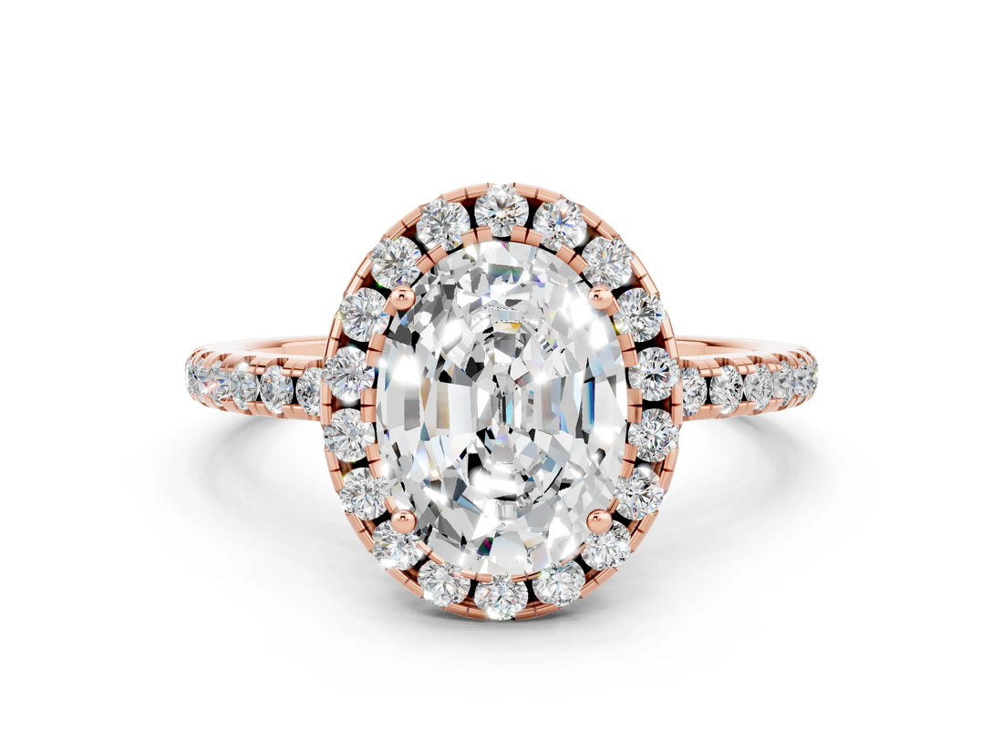 Rose gold Oval Cut Halo Round Diamond Pavé Band Four-Prong Ring