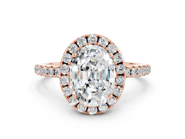 Rose gold Oval Cut Moissanite Halo Ring with Round Pavé Band and Prong Setting