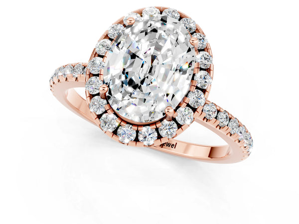 Rose gold Oval Cut Moissanite Halo Ring with Round Pavé Band and Prong Setting