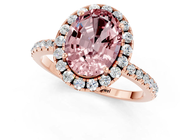 Rose gold Oval Cut Halo Round Diamond Pavé Band Four-Prong Ring