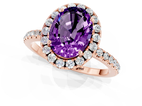 Rose gold Oval Cut Amethyst Halo Ring with Round Pavé Band and Prong Setting