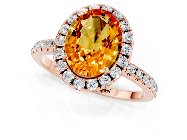 Rose gold Oval Cut Citrine Halo Ring with Round Pavé Band and Prong Setting