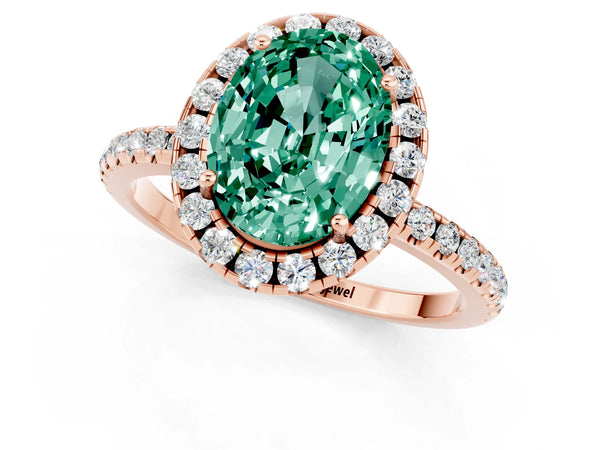 Rose gold Oval Cut Green Sapphire Halo Ring with Round Pavé Band and Prong Setting
