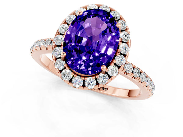 Rose gold Oval Cut Tanzanite Halo Ring with Round Pavé Band and Prong Setting
