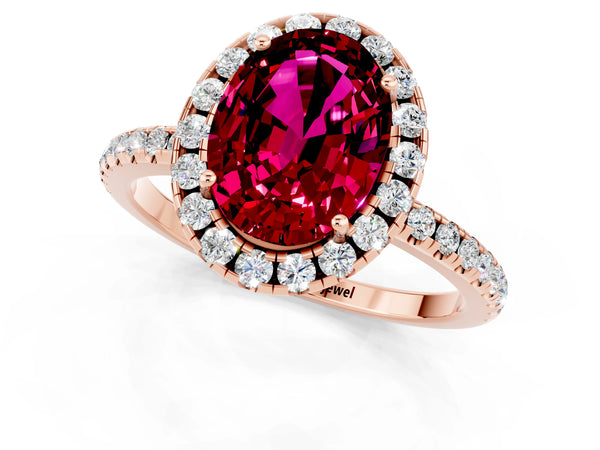 Rose gold Oval Cut Garnet Halo Ring with Round Pavé Band and Prong Setting