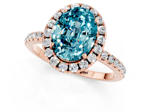 Rose gold Oval Cut Halo Round Diamond Pavé Band Four-Prong Ring