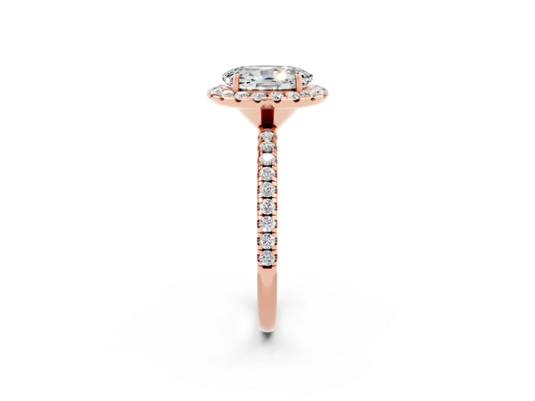 Rose gold Oval Cut Moissanite Halo Ring with Round Pavé Band and Prong Setting