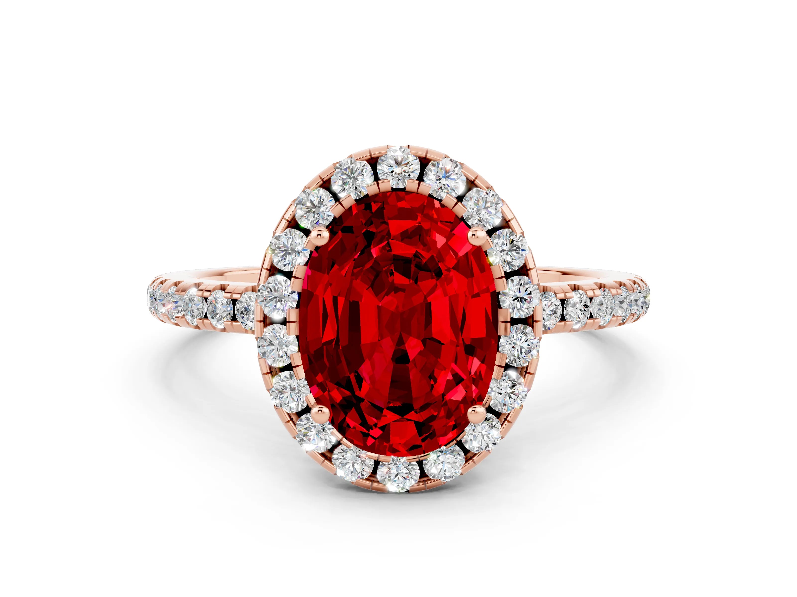 Rose gold Oval Cut Halo Round Diamond Pavé Band Four-Prong Ring