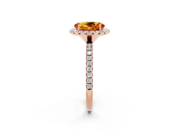 Rose gold Oval Cut Citrine Halo Ring with Round Pavé Band and Prong Setting