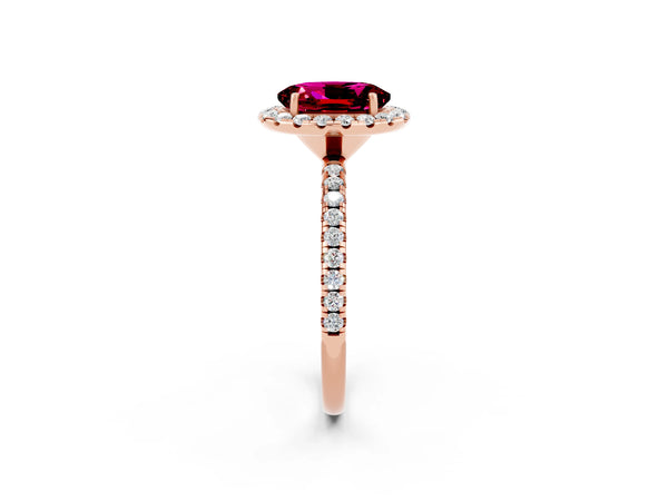 Rose gold Oval Cut Garnet Halo Ring with Round Pavé Band and Prong Setting